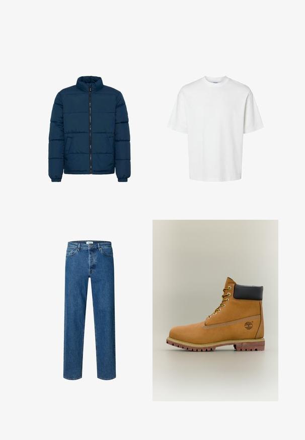 Marineblauwe pufferjack met een hoge kraag, rits aan de voorkant, twee zijzakken en horizontale stiksels voor isolatie. Gladde stoftextuur.; Effen witte korte mouw T-shirt met ronde hals en een losse pasvorm, getoond op een witte achtergrond.; Blauwe straight-leg denim jeans met knoop- en ritssluiting, ceintuurlussen en een vijfzakkenontwerp.; Bruine leren enkellaars met zwarte kraag, gele veters en een zandkleurige zool. Voorzien van een logo en witte stikseldetails. Robuuste loopzool met grip.