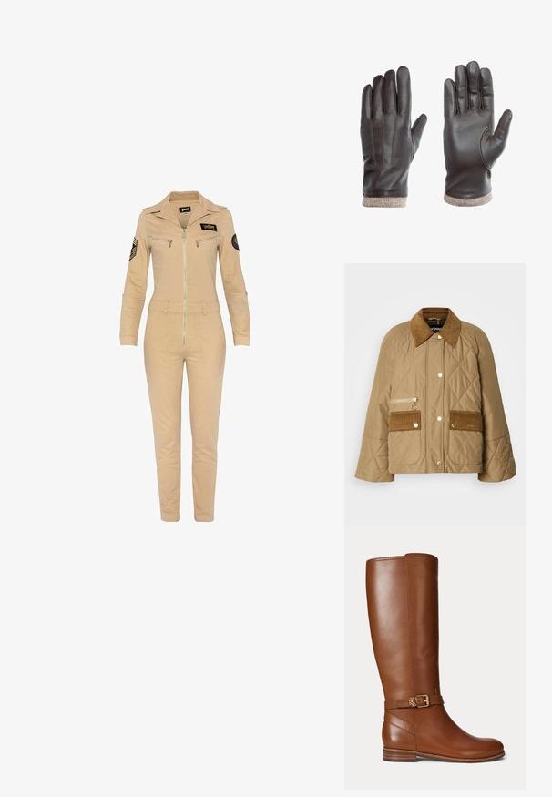 Gestepptes beiges Jackett mit Cordkragen, zwei Fronttaschen und einer Reißverschlusstasche. Mit goldenem Zubehör und einem entspannten Schnitt.; Kaki Jumpsuit mit Reißverschluss vorne, langen Ärmeln und Kragen. Mit zwei aufgesetzten Taschen, einem Logo-Patch auf der Brust und Schulterakzenten.; Brauner kniehoher Lederstiefel mit einer kleinen goldenen Schnalle und "RL" Logo am Riemen nahe dem Knöchel, flachem Absatz und glatter Oberfläche.; Braune Lederhandschuhe mit glatter Textur, die drei genähte Linien auf der Rückseite und einen hellbraunen Strickbund aufweisen.