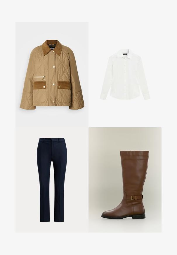 Beige doorgestikte jas met een corduroy kraag, twee voorkruiden en een rits zak. Voorzien van gouden hardware en een relaxte pasvorm.; Wit overhemd met lange mouwen, kraag en manchetten, plat liggend op een witte achtergrond.; Marineblauwe, op maat gemaakte pantalon met rechte pijpen, riemlussen en een voorritssluiting.; Hoge bruine leren laars met een zijgespsluiting en een lage zwarte zool, gefotografeerd tegen een neutrale achtergrond.