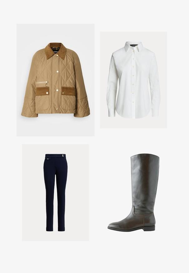 Beige doorgestikte jas met een corduroy kraag, twee voorkruiden en een rits zak. Voorzien van gouden hardware en een relaxte pasvorm.; Witte overhemd met lange mouwen, knopen aan de voorkant, puntige kraag en licht gebogen zoom.; Marineblauwe slim-fit broek met hoge taille, voorzak met flap en knop, en twee decoratieve knopen op de tailleband.; Bruine leren kniehoge laars met een gladde textuur, ronde neus en minimale stikdetails. De zool is plat met een lage hak.