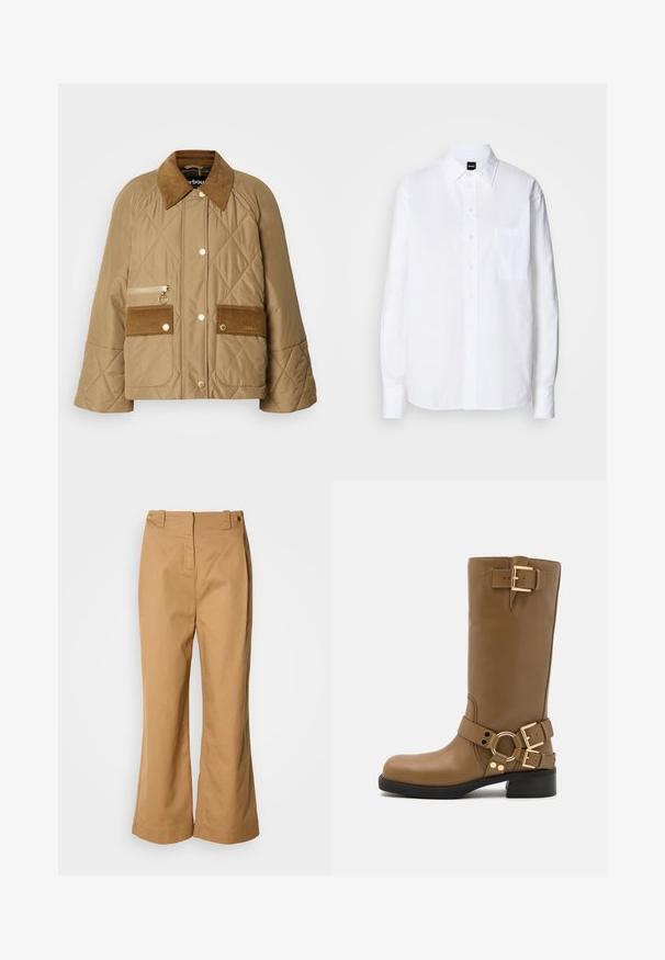 Beige doorgestikte jas met een corduroy kraag, twee voorkruiden en een rits zak. Voorzien van gouden hardware en een relaxte pasvorm.; Wit katoenen overhemd met een klassieke kraag, lange mouwen, een borstzak en een gladde, frisse textuur.; Wijd uitlopende broek van beige katoenen stof, met een hoge taille, twee gouden knopen en een gladde textuur. Geen zichtbare patronen of accenten.; Bruine leren laarzen tot de knie met een ronde neus, twee decoratieve gespen aan de bovenkant en bij de enkel, en een lichte blokhak.