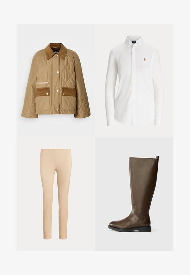 Beige doorgestikte jas met een corduroy kraag, twee voorkruiden en een rits zak. Voorzien van gouden hardware en een relaxte pasvorm.; Witte blouse met lange mouwen, knopen, een button-down kraag en een klein geborduurd logo van een polo-speler op de borst.; Beige slim-fit enkellange broek met een gladde afwerking en zonder zichtbare zakken of versieringen op een effen achtergrond.; Bruine leren kniehooglaars met een gladde textuur, ronde neus, lage zwarte hak en een lipje bovenaan voor gemakkelijk aan- en uittrekken.