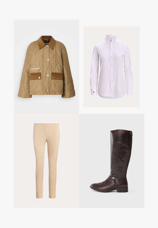 Veste beige matelassée avec un col en velours côtelé, deux poches avant et une poche zippée. Équipée de matériel doré et d'un design décontracté.; Chemise blanche à manches longues avec col boutonné et petit logo brodé sur le poignet gauche.; Pantalon beige slim fit longueur cheville avec une finition lisse, sans poches visibles ni ornements, sur un fond uni.; Botte en cuir marron jusqu'au genou avec un bout arrondi, texture lisse, design minimal et un petit bouton près du haut. Talon plat.