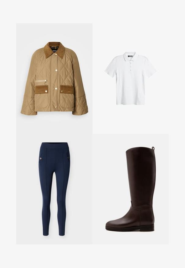 Beige doorgestikte jas met een corduroy kraag, twee voorkruiden en een rits zak. Voorzien van gouden hardware en een relaxte pasvorm.; Witte polo met een subtiel golfpatroon, korte mouwen en een drieknoopsluiting. Gemaakt van een soepele, lichte stof.; Marineblauwe legging met een rekbare, gladde stof. Heeft twee zakken met ronde accenten, verticale naden en een hoge tailleband.; Hoge donkerbruine leren laars met een platte zool en een kleine lus aan de achterkant van de bovenrand.