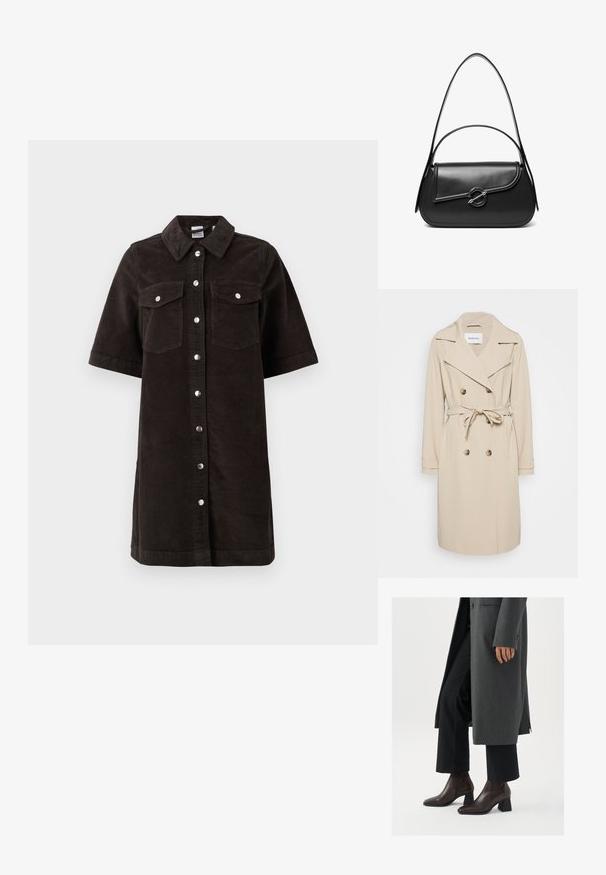 Beige trenchcoat van een gladde stof. Heeft een dubbelzijdige voorkant, brede revers, een ceintuur in de taille en zijzakken.; Zwart corduroy jurk met kraag, korte mouwen en twee borstzakken. Voorzien van zilveren drukknoopjes over de voorkant en een rechte snit.; Hogehakige enkellaarsjes van donkerbruin leer met een spitse neus en blokhak, gecombineerd met zwarte broeken en een grijze jas.; Zwarte leren schoudertas met een gebogen klep die is bevestigd met een ronde metalen sluiting en een smalle, verstelbare band.