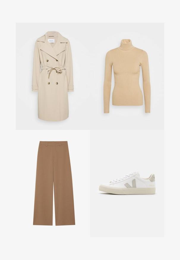 Beige Trenchcoat aus einem glatten Stoff. Verfügt über eine doppelte Knopfleiste, breite Revers, einen taillierten Gürtel und seitliche Taschen.; Beige Rippstrick-Turtleneck-Pullover mit langen Ärmeln, der eine taillierte Silhouette und eine glatte Textur aufweist. Keine sichtbaren Beschläge oder Muster.; Weite Hose in einem einfarbigen Braunton, aus einem strukturierten Stoff gefertigt; verfügt über eine hohe Taille und ein strukturiertes Design mit Gürtelschlaufen.; Weiße Sneaker aus Leder mit grauen V-Logo-Akzenten, strukturiertem Gummiabsatz, weißen Schnürsenkeln sowie gepolstertem Zungen- und Knöchelbereich.