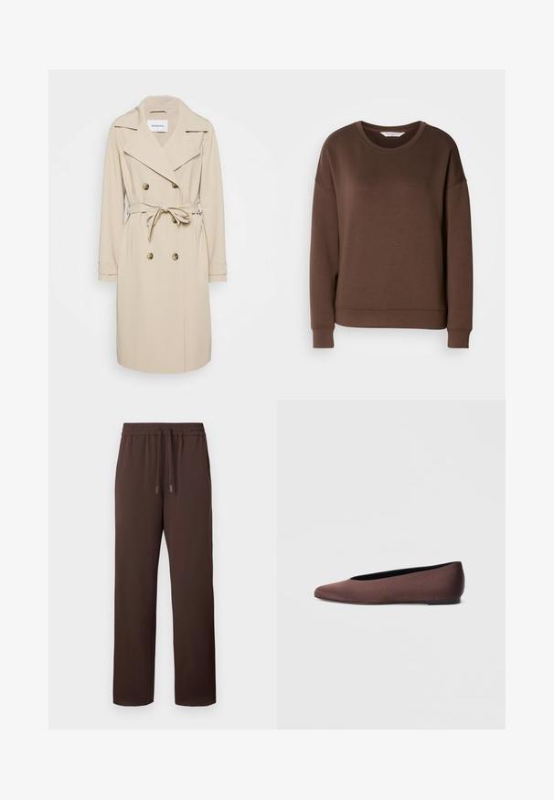 Trench coat beige hecho de una tela suave. Presenta un frente de doble botonadura, solapas anchas, cintura con cinturón y bolsillos laterales.; Sudadera marrón de manga larga hecha de un tejido suave. Cuenta con un cuello redondo, corte relajado y puños acanalados. Diseño sencillo y sin adornos.; Pantalones marrones de cintura elástica con cordón ajustable, de corte holgado, textura suave y piernas rectas. Sin bolsillos ni patrones visibles.; Zapatillas de ballet de tela marrón con punta puntiaguda y textura suave, con parte trasera baja y suela negra fina. Sin patrones visibles ni elementos metálicos.