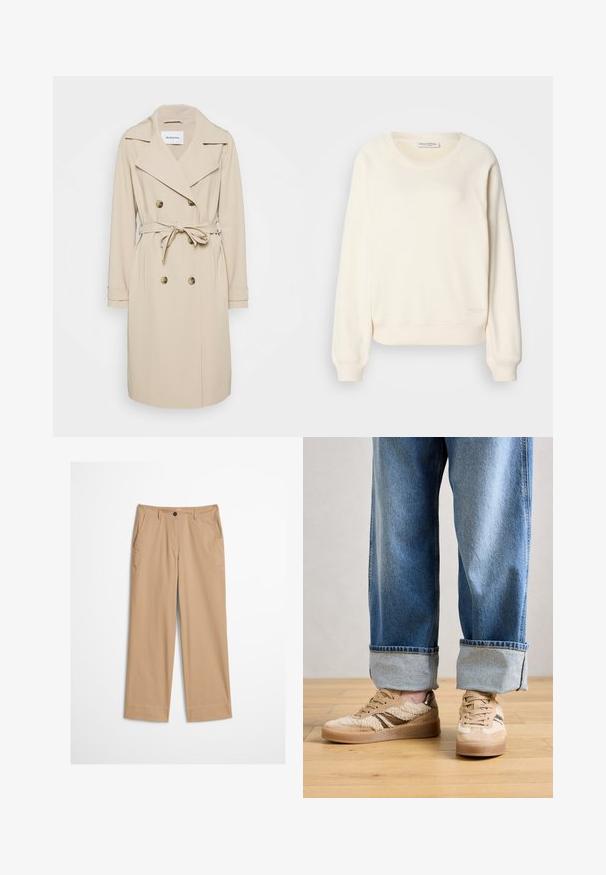 Beige trenchcoat van een gladde stof. Heeft een dubbelzijdige voorkant, brede revers, een ceintuur in de taille en zijzakken.; Sweatshirt in crèmekleurige zachte stof, met raglanmouwen, geribbelde manchetten en zoom, en een subtiel logo aan de onderkant.; Beige katoenen broek met rechte pijpen, een knoopsluiting aan de voorkant en een gladde textuur. Voorzien van standaard riemlussen en een platte voorkant.; Beige sneaker met een textuur van bont, bruine leren accenten en een rubberen zool. Draagt met blauwe denim jeans met brede manchet.