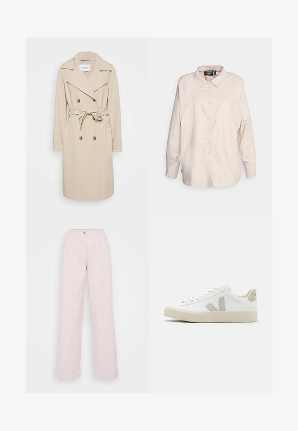 Beige trenchcoat lavet af et glat stof. Har en dobbeltradet front, brede klapper, en bælteomgivet talje og sidelommer.; Another-Label KALAL PLISSE SHIRT - Skjortebluser - sandshell; Vidde bukser i blødt pink bomuldsstof med frontknaplukning, plisseret design og afslappet silhuet.; Hvide sneakers lavet af læder med grå V-logo detaljer, struktureret gummisål, hvide snørebånd samt polstret tunge og krave.