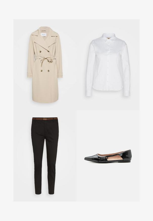 Beige trenchcoat van een gladde stof. Heeft een dubbelzijdige voorkant, brede revers, een ceintuur in de taille en zijzakken.; Witte langwerpige blouse met knopen en een brede kraag, gemaakt van een gladde katoenstof met een afgeronde zoom. De stof heeft een lichte glans.; Zwarte chinos met een slim fit, gemaakt van katoen. Voorzien van een bruine riem met een metalen gesp en een vlakke voorkant.; Zwarte lakleren puntige platte schoen met zijuitsnijding en kleine decoratieve strik aan de buitenrand.
