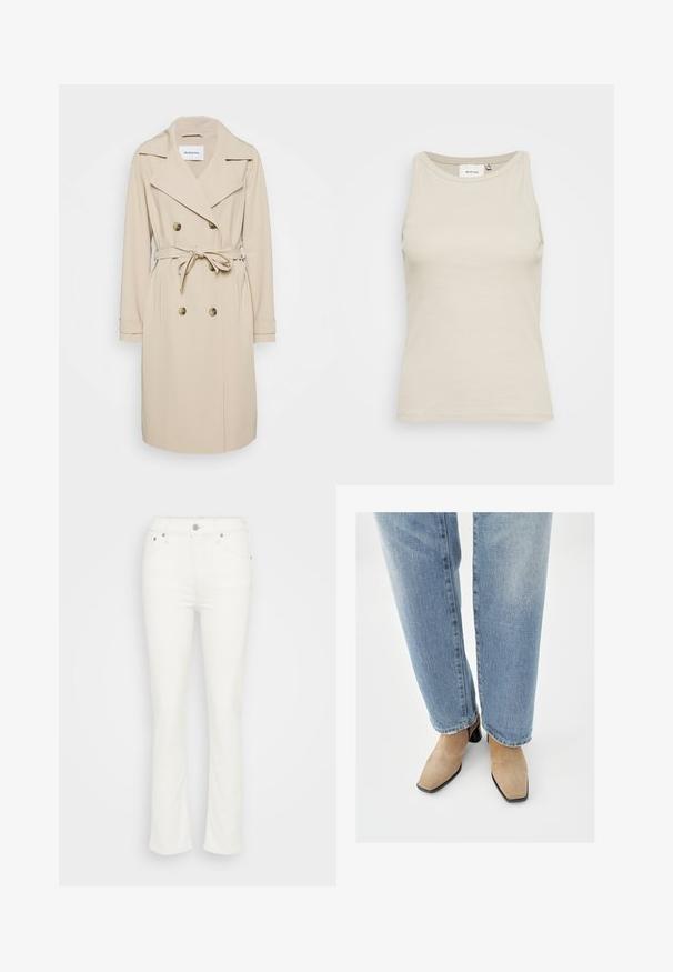 Trench coat beige hecho de una tela suave. Presenta un frente de doble botonadura, solapas anchas, cintura con cinturón y bolsillos laterales.; Top de tanque beige claro hecho de tela acanalada con cuello redondo y diseño sin mangas. Presenta una sutil etiqueta de la marca en el interior.; Jeans de mezclilla blanca acampanados con cintura media, cierre de botón en la parte delantera y un detalle de costura minimalista, que ofrecen una textura suave.; Botines de ante beige con punta puntiaguda y tacón bajo cuadrado negro, usados con vaqueros azul claro de pierna recta.