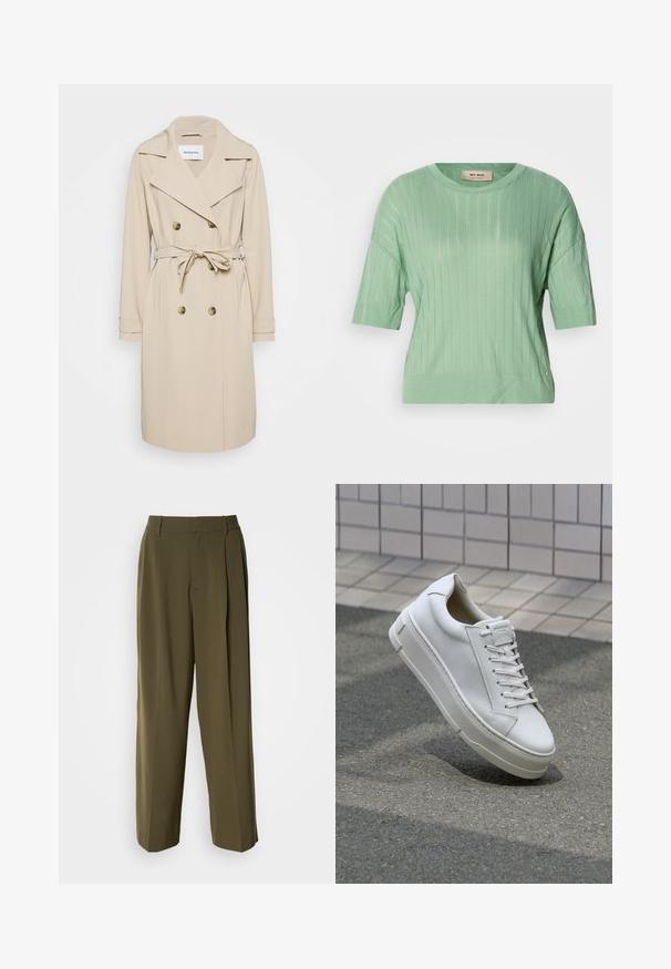 Manteau beige en tissu lisse. Présente un devant croisé, de larges revers, une taille ceinturée et des poches latérales.; Pull court vert menthe à manches courtes avec une texture côtelée, un col rond et une coupe légèrement ample. Présente un petit accent logo sur le côté.; Pantalons à jambes larges vert olive en tissu lisse, dotés d'une taille haute, de plis sur le devant et de poches latérales pour plus de fonctionnalité.; Baskets blanches en cuir avec un design bas, lacets plats, bout arrondi et côtés texturés. Semelle en caoutchouc épaisse avec des accents subtils.