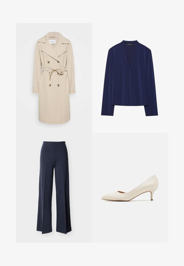 Beige trenchcoat van een gladde stof. Heeft een dubbelzijdige voorkant, brede revers, een ceintuur in de taille en zijzakken.; Marineblauw long-sleeve shirt met een diepe V-hals en zachte, gladde stof. Het ontwerp heeft een relaxte pasvorm met minimale naden en geen patronen.; Marineblauwe wijde broek met zijsplitsingen, hoge taille en een gladde voorkant, weergegeven tegen een witte achtergrond.; Beige lage hakpump met een spitse neus en een gladde, glanzende bovenkant. Bevat een subtiele uitsparing langs de voetboog en een slanke, taps toelopende hak.