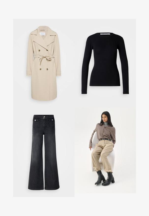Beige trenchcoat lavet af et glat stof. Har en dobbeltradet front, brede klapper, en bælteomgivet talje og sidelommer.; Sort langærmet top lavet af ribbet stof. Har en rund halsudskæring og tætsiddende pasform. Ingen mønstre eller pyntegenstande. Simpelt design.; Sorte denim brede ben jeans med høj talje, forknapper og to forlommer; glat tekstur med en let falmet finish.; Kvinde med langt sort hår, der læner sig op ad en hvid buet stol iført en taupe bluse, beige bukser, sort bælte og sorte ankelstøvler med hæl.