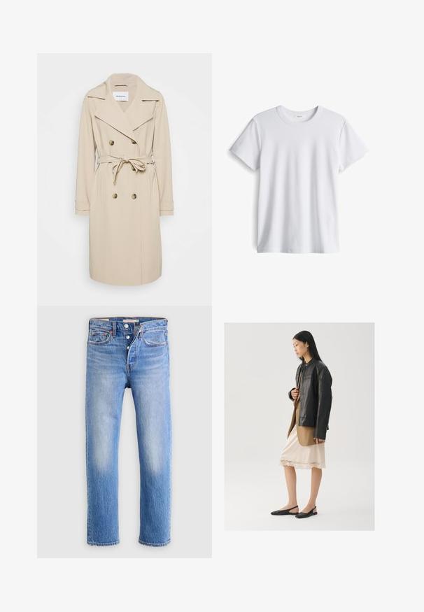 Beige trenchcoat van een gladde stof. Heeft een dubbelzijdige voorkant, brede revers, een ceintuur in de taille en zijzakken.; Witte katoenen t-shirt met een ronde halslijn en korte mouwen. Zachte textuur, rechte snit, geen zichtbare logo's of patronen.; Lichtblauwe rechte spijkerbroek met gulp met knopen, vijf zakken en subtiele vervaging op de dijen tegen een effen lichte achtergrond.; Zwarte leren jas over een bruine top, gecombineerd met een licht crèmekleurige slipjurk met kanten rand en zwarte slingback schoenen.