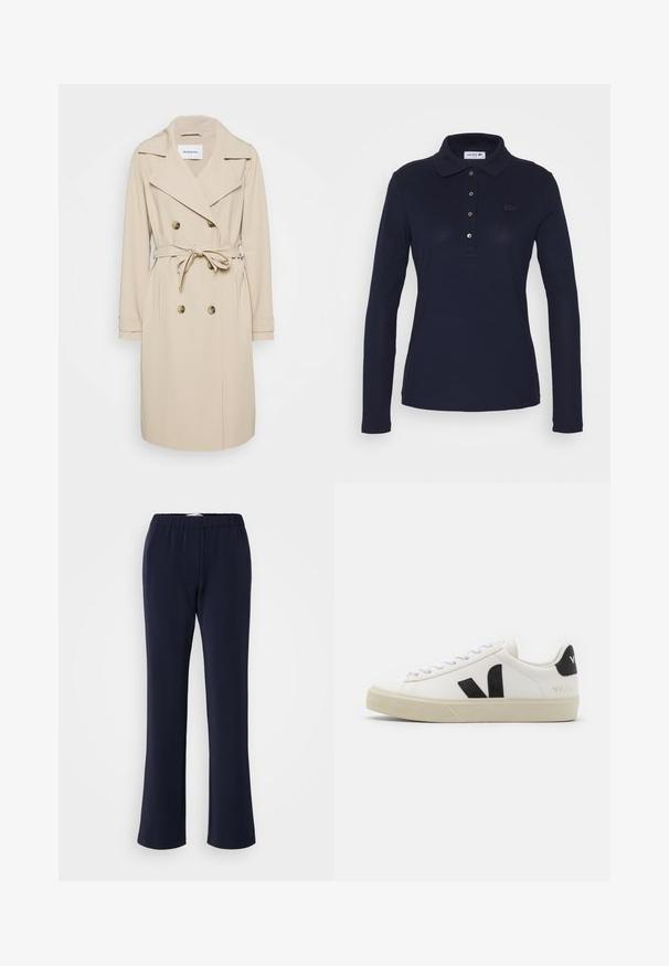 Beige trenchcoat van een gladde stof. Heeft een dubbelzijdige voorkant, brede revers, een ceintuur in de taille en zijzakken.; Zwarte polo met lange mouwen, kraag, vier knopen en een klein geborduurd logo op de linkerborst.; Marineblauwe, rechte broek van rekbare stof met elastische tailleband en twee voorzakken. Soepele textuur, zonder zichtbare patronen.; Witte leren sneaker met zwart rubberen V-logo. Getextureerde off-white zool, witte veters en een achterkant met een detail van de merknaam in het zwart.
