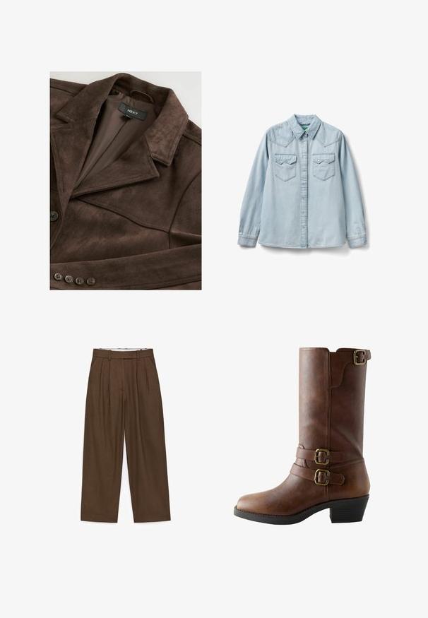 Veste en daim marron avec un col à revers, fermeture à un bouton et doublure lisse. Comprend cinq accents de boutons sur le devant.; Chemise en denim bleu clair à manches longues, col pointu, fermeture boutonnée sur le devant et deux poches poitrine avec rabats et boutons-pression.; Pantalon marron taille haute à jambes larges avec passants de ceinture, poches latérales et plis sur le devant, en tissu texturé.; Botte en cuir marron mi-mollet avec deux sangles réglables et boucles en laiton, talon empilé noir et bout arrondi.