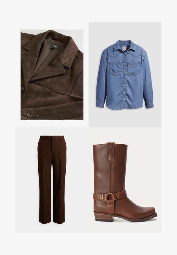 Veste en daim marron avec un col à revers, fermeture à un bouton et doublure lisse. Comprend cinq accents de boutons sur le devant.; Chemise en denim bleu clair avec un col pointu, deux poches poitrine et des boutons-pression. Présente une coupe western avec un empiècement à l'épaule.; Pantalon marron sur mesure avec une coupe droite, fabriqué en tissu lisse, doté de plis et d'une ceinture standard avec passants pour ceinture.; Botte mi-mollet en cuir marron avec un petit talon en bois, bout rond et sangle décorative avec des clous métalliques autour de la cheville.