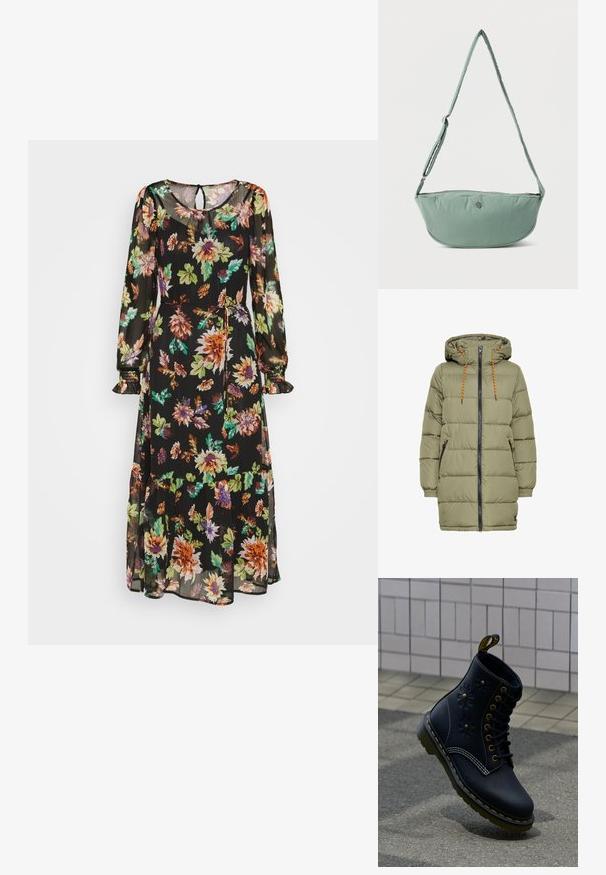 Olivenfarvet polstret jakke med hætte, sort lynlås og orange snoredetaljer. Har to sidelommer og elastiske ærmer.; ONLY ONLJAMILA MIDI DRESS - Hverdagskjole - black new blossom; Enkelt sort læderstøvle med gul søm, præget blomsterdesign, sorte snørebånd og en gul trækflap, der står på tekstureret fortov.; Lysegrøn stof crossbody taske med justerbar rem og lille metal logo på forsiden, vist mod en ensfarvet hvid baggrund.