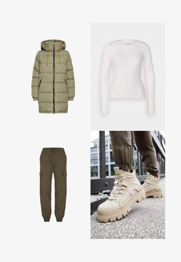 Olivenfarvet polstret jakke med hætte, sort lynlås og orange snoredetaljer. Har to sidelommer og elastiske ærmer.; Hvid langærmet ribbet top med en rund halsudskæring. Stoffet er glat og har en subtil tekstur samt en tætsiddende design. Ingen synlige detaljer eller mønstre.; Olivengrønne cargobukser med elastisk talje og manchetter, med sidelommer med klap og en afslappet pasform.; Beige high-top sneakers med en chunky, tekstureret sål, snørebåndsdesign og gule accentmærker. Tekstureret læderoverdel med kontrasterende syninger.