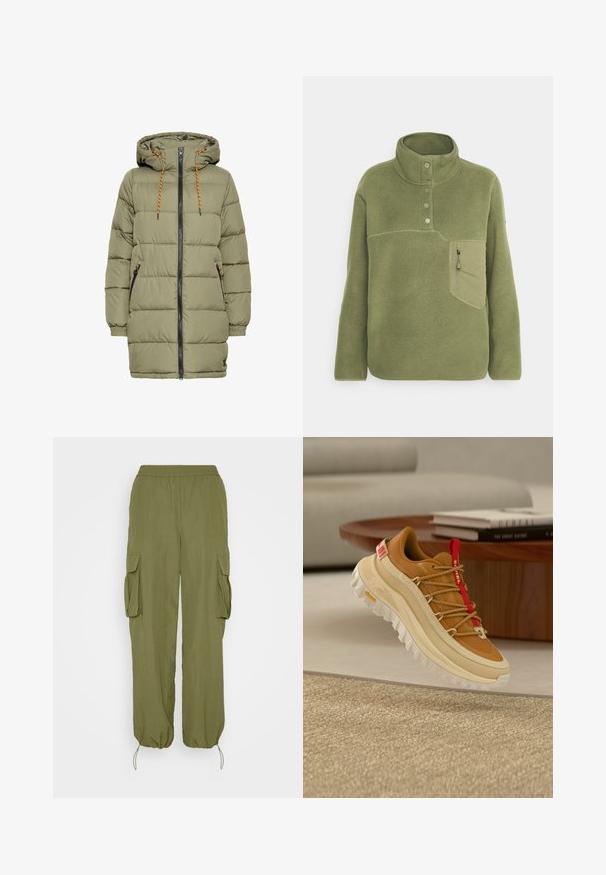 Chaqueta acolchada verde oliva con capucha, cremallera negra y detalles de cordón naranja. Cuenta con dos bolsillos laterales y puños elásticos.; Sudadera de forro polar verde oliva con un cuello alto, tres botones y un bolsillo en el pecho con cremallera. Textura suave con detalles de costura en contraste.; Pantalones cargo verde oliva con cintura elástica, dos bolsillos laterales cargo y puños ajustables con cordón. Hechos de una tela ligera y texturizada.; Zapato de senderismo marrón y beige con lengüeta roja para tirar, suela blanca gruesa y cordones estilo cuerda, flotando sobre una alfombra beige tejida en el interior.