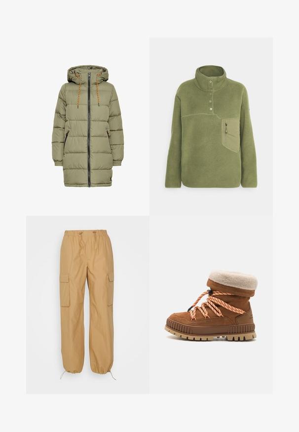 Olivenfarvet polstret jakke med hætte, sort lynlås og orange snoredetaljer. Har to sidelommer og elastiske ærmer.; Olivengrøn fleece pullover med høj krave, tre knapper og en lynlåslomme på brystet. Blød tekstur med kontrastsyede detaljer.; b.young BYDEMETE - Cargobukser - tiger's eye; Brune ruskindsstøvle med en beige faux fur krave, orange og sorte spidser og en robust tan sål. Har en polstret krave for komfort.