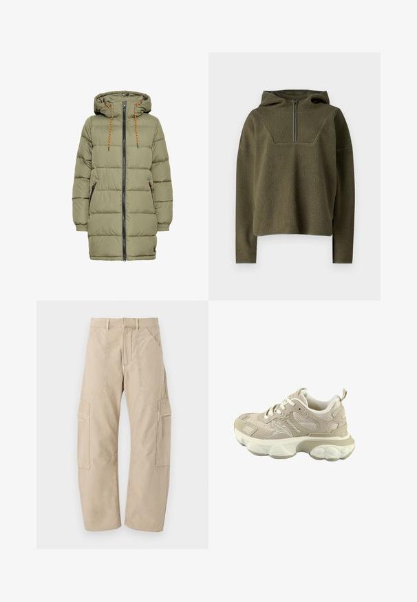 Olijfgroen gewatteerde jas met een capuchon, zwarte rits en oranje trekkoorddetails. Heeft twee zijzakken en elastische manchetten.; Olijfgroene fleece pullover met capuchon, halve ritssluiting aan de voorkant, textuurstof en contrasterende afwerking aan de onderrand en manchetten.; Beige cargobroek met meerdere zakken, rechte pijpen, knoop- en ritssluiting, en riemlussen op een witte achtergrond.; Beige sportschoenen van mesh en suede materialen, met een ronde neus, dikke rubberen zool en contrasterende lichte en donkere accenten.