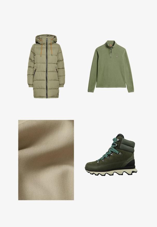 Olijfgroen gewatteerde jas met een capuchon, zwarte rits en oranje trekkoorddetails. Heeft twee zijzakken en elastische manchetten.; Olijfgroene fleecetrekpullover, half-ritssluiting met een neklap, met een klein logo op de borst en een zachte textuur.; Beige gestructureerde stof met een fijn, ribbelpatroon. Het materiaal lijkt glad met een subtiele glans en valt zacht in plooien.; Sorel KINETIC CONQUEST - Snowboots - alpine tundra