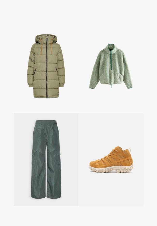 Olijfgroen gewatteerde jas met een capuchon, zwarte rits en oranje trekkoorddetails. Heeft twee zijzakken en elastische manchetten.; Fleece pullover in lichtgroen met een textuur, ritssluiting aan de voorkant, hoge kraag en twee voorzakken. Heeft elastische manchetten en zoom.; Even&Odd by Zalando Cargobroek - dark green; Hoge wandelschoen in mosterdgeel suede, met textuur overlays, een verstevigde neuskap en een crème-kleurige rubberen outsole.