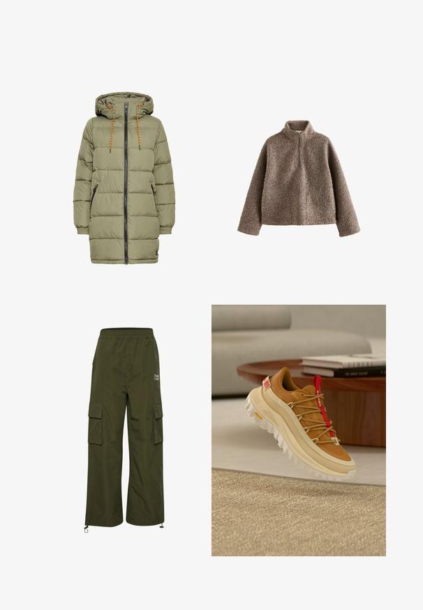 Olivenfarvet polstret jakke med hætte, sort lynlås og orange snoredetaljer. Har to sidelommer og elastiske ærmer.; Brun fleece-pullover med høj krave og halvlukket design. Har en struktureret overflade og en løs pasform.; TheJoggConcept JCFIA - Cargobukser - rifle green; Brun og beige vandresko med rød tunge trækkesnor, tyk hvid sål og snørebånd i rebstil, svævende over et vævet beige tæppe indendørs.