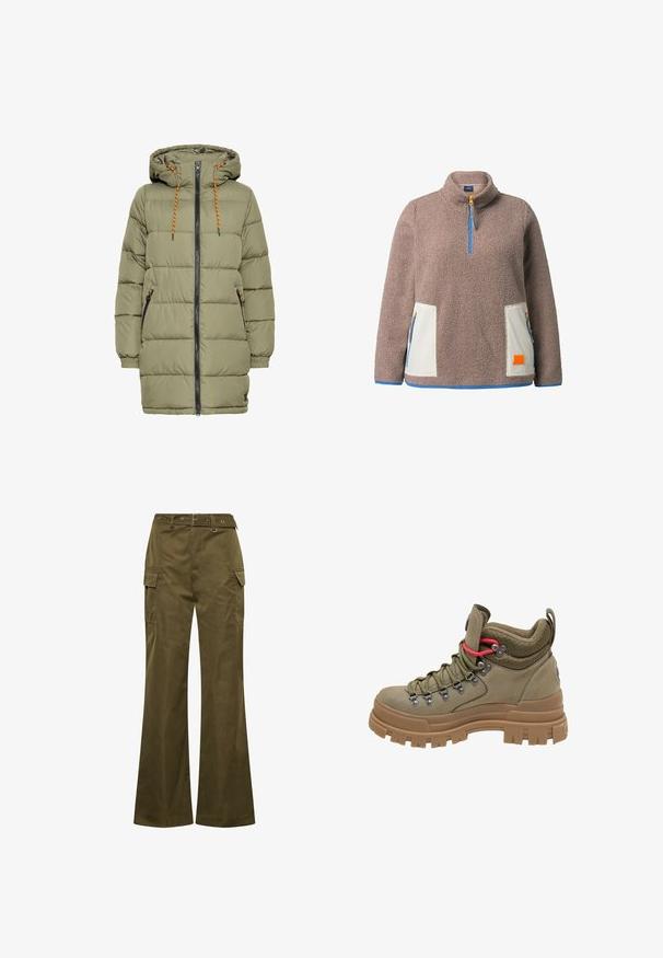 Olijfgroen gewatteerde jas met een capuchon, zwarte rits en oranje trekkoorddetails. Heeft twee zijzakken en elastische manchetten.; Taupe fleece hoodie met een halfrits blauwe ritssluiting en crèmekleurige contrastzakken met ritsen en een oranje patch.; Olijfgroene cargo pants met een hoge taille, brede pijpen, meerdere zijzakken en metalen hardware accenten op de tailleband.; Hoge wandelboot in olijfgroen met dikke bruine rubberen zool, mesh gevoerde kraag, metalen veteroogjes en rode accent veterlus.