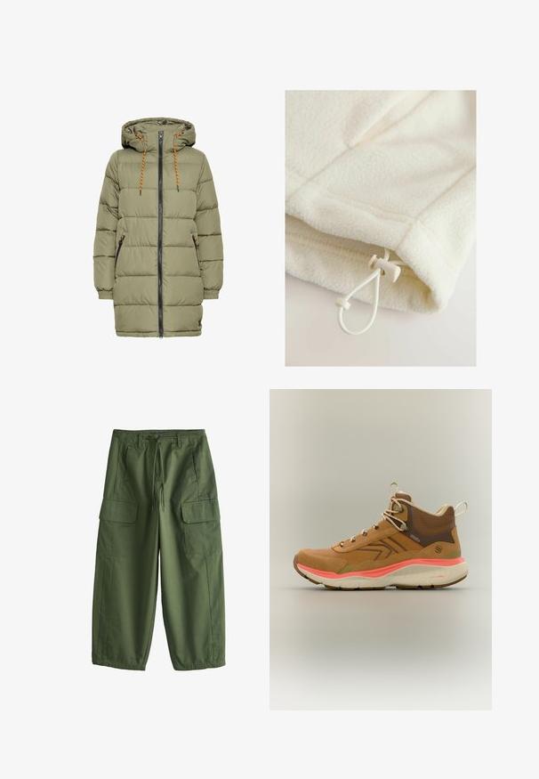 Olivenfarvet polstret jakke med hætte, sort lynlås og orange snoredetaljer. Har to sidelommer og elastiske ærmer.; Fleece-tøj i off-white med en blød tekstur, der har en toggle og snor til justering nederst.; Olivenfarvede cargobukser med snor i taljen, bæltestropper, sidelommer og klaplommer på lårene, løs pasform med elastiske manchetter.; Brun højtop vandrestøvle med beige snørebånd, polstret ankelkrave, koralfarvet mellemsål og tekstureret gummiydersål på ensartet baggrund.