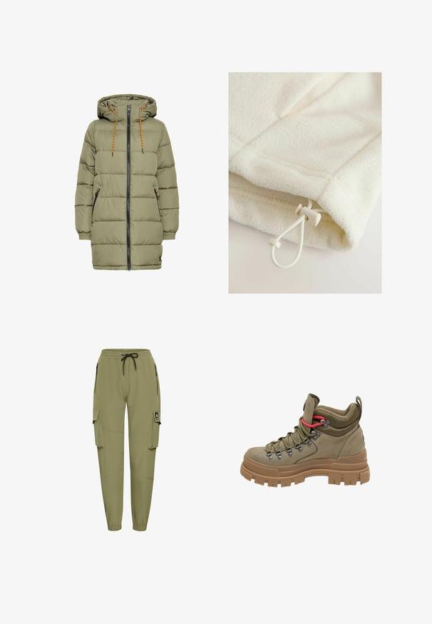 Chaqueta acolchada verde oliva con capucha, cremallera negra y detalles de cordón naranja. Cuenta con dos bolsillos laterales y puños elásticos.; Prenda de forro polar en color blanco roto con textura suave, que cuenta con un cierre de botón de palanca y un cordón para ajuste en el dobladillo.; Pantalones cargo color verde olivo con cinturilla elástica y cordón ajustable. Cuenta con dos bolsillos con cremallera en los laterales y dos grandes bolsillos cargo.; Bota de senderismo alta en verde oliva con suela gruesa de goma marrón, cuello acolchado de malla, ojales de metal y lazo de ajuste en tono rojo.