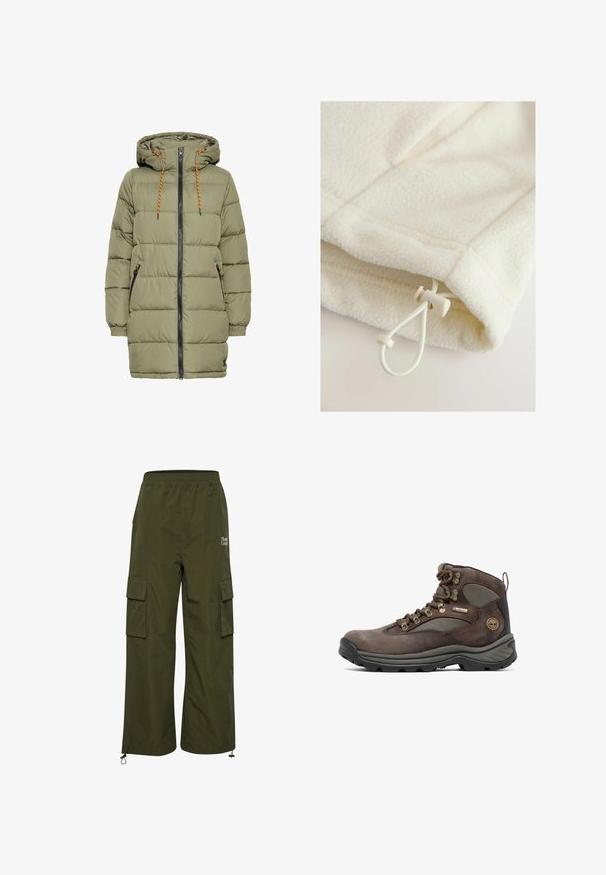 Olivenfarvet polstret jakke med hætte, sort lynlås og orange snoredetaljer. Har to sidelommer og elastiske ærmer.; Fleece-tøj i off-white med en blød tekstur, der har en toggle og snor til justering nederst.; TheJoggConcept JCFIA - Cargobukser - rifle green; Brun vandrestøvle med overdel i læder og mesh, gummisål, metaløjer og et mærket banner. Designet til holdbarhed og støtte.