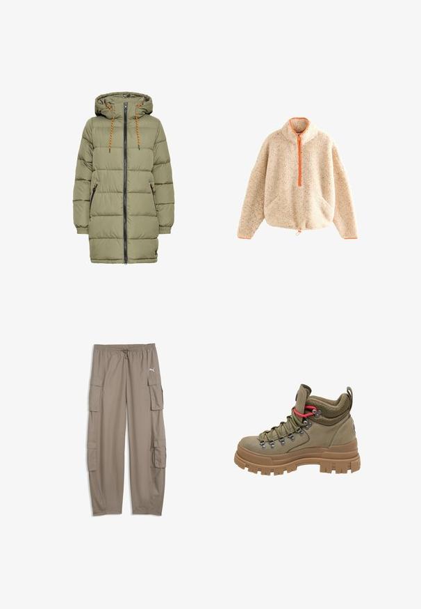 Chaqueta acolchada verde oliva con capucha, cremallera negra y detalles de cordón naranja. Cuenta con dos bolsillos laterales y puños elásticos.; Sudadera de punto beige difuso con cremallera naranja, cuello alto, dos bolsillos frontales y dobladillo con cordón. Textura suave con detalles moteados.; Pantalones cargo de corte ancho de color marrón claro con cintura con cordón y bolsillos con solapa en cada pierna, con un pequeño logo blanco de Puma en el lado derecho.; Bota de senderismo alta en verde oliva con suela gruesa de goma marrón, cuello acolchado de malla, ojales de metal y lazo de ajuste en tono rojo.