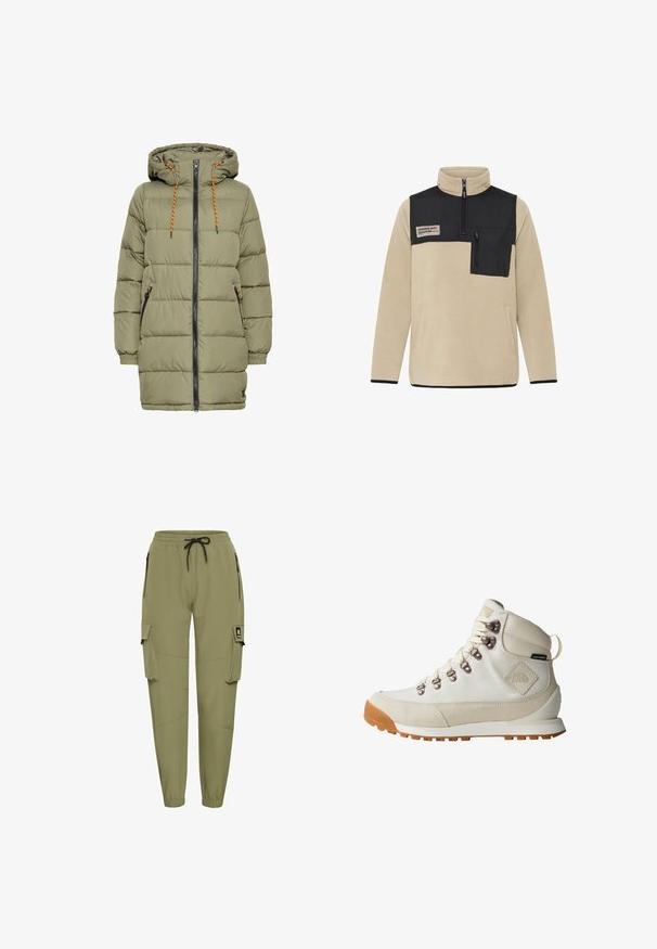 Olivenfarvet polstret jakke med hætte, sort lynlås og orange snoredetaljer. Har to sidelommer og elastiske ærmer.; Beige fleece pullover med en sort øverste panel, halv-zip krave, lynlås brystlomme og kontrasterende sorte nederste kant og manchetter.; Olivengrønne cargo-bukser med elastisk talje og justerbar snor. Har to sidelommer med lynlås og to store cargo-lommer.; Hvid vandrestøvle med overdel i ruskind og stof, metaløjer og en markant gummisål. Har mærkeaccents og en tekstureret finish.