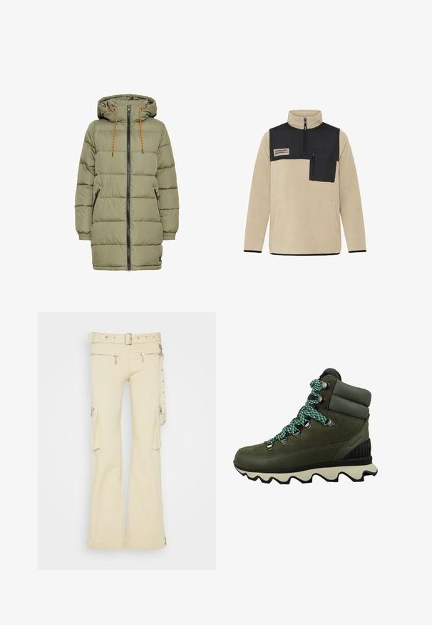 Chaqueta acolchada verde oliva con capucha, cremallera negra y detalles de cordón naranja. Cuenta con dos bolsillos laterales y puños elásticos.; Sudadera de felpa beige con un panel superior negro, cuello con media cremallera, bolsillo en el pecho con cremallera y dobladillo y puños en negro contrastante.; The Ragged Priest FIELD TROUSERS - Pantalones cargo - stone; Sorel KINETIC CONQUEST - Botas para la nieve - alpine tundra