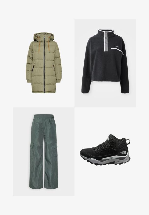 Olijfgroen gewatteerde jas met een capuchon, zwarte rits en oranje trekkoorddetails. Heeft twee zijzakken en elastische manchetten.; Zwarte fleece pullover met een ritskraag, voorzien van een borstzak en contrasterende witte en grijze accenten. Zachte textuur, cropped ontwerp.; Even&Odd Cargobroek - dark green; Zwarte wandelschoen met een gestructureerde bovenkant, grijze tussenzool en rubberen loopzool met opvallende tracering. Vetersluiting met gevoerde kraag.