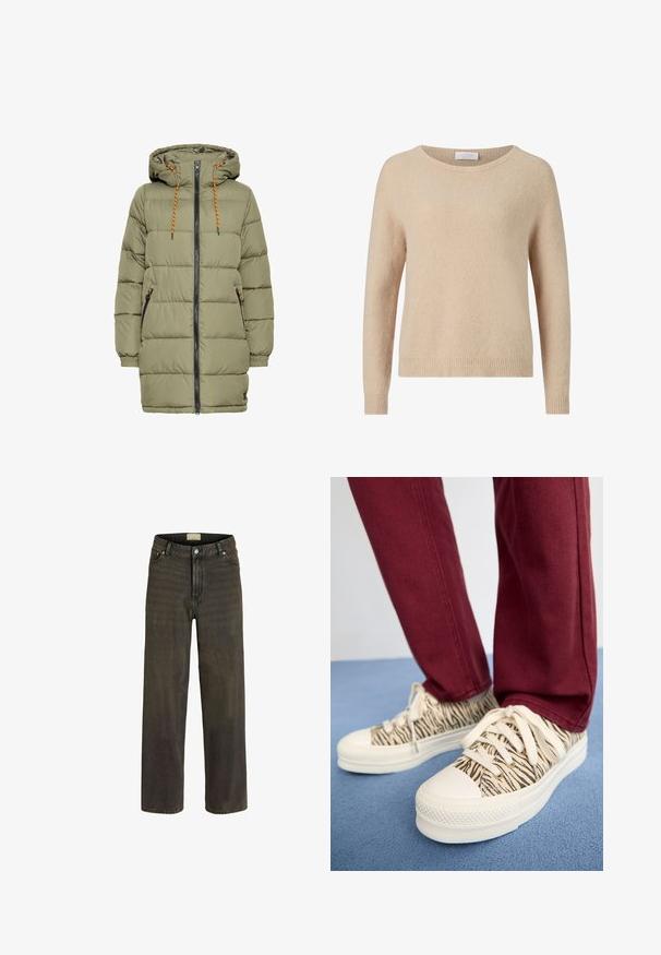 Oliivi vihreä pehmeä takki hupulla, musta vetoketju ja oranssit nyörit. Sisältää kaksi sivutaskua ja joustavat hihansuut.; Beige neulepaita, jossa on pyöreä pääntie, pitkät hihat ja ribbikuvioitu helma. pehmeä rakenne ja rento istuvuus. Tägi näkyvissä pääntiessä.; Vartalon leveät farkut tumman oliivivihreästä denimistä, joissa on klassinen viiden taskun muotoilu, nappisulku ja häivytystä, joka tuo lisätekstuuria.; Kangaskengät, joissa on beige ja musta zebra-kuvio, valkoinen kuminen varvaskuppi ja nauhat, yhdistettynä burgundy-housuihin sinisellä pinnalla.