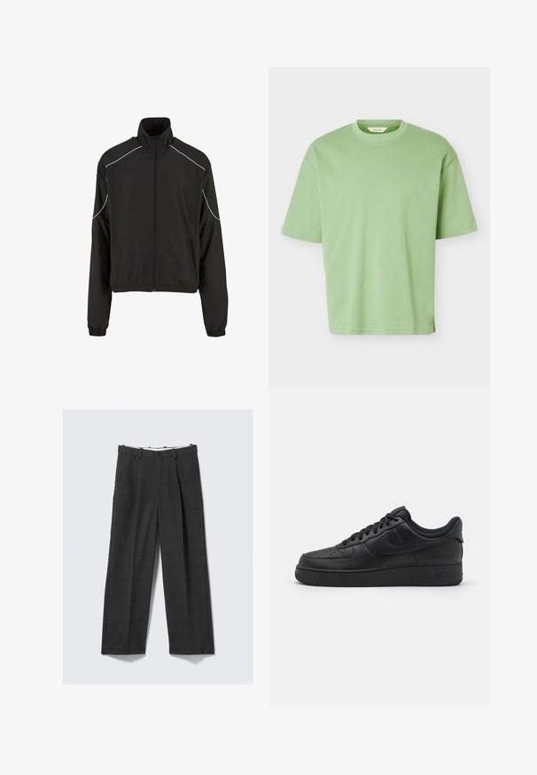 Zwarte lichte jas met een hoge kraag en rits sluiting. Voorzien van elastische manchetten en witte accentlijnen op de schouders. Glad textuur.; Effen lichtgroen T-shirt met korte mouwen en ronde hals, met een normale pasvorm en zachte stoftextuur, afgebeeld op een witte achtergrond.; Zijde-brede, donkergrijze broek met een geruit patroon, vervaardigd uit een gestructureerde stof. Voorzien van een knoopsluiting en twee zijzakken.; Nike Sportswear AIR FORCE 1 07 FLYEASE - Sneakers laag - black