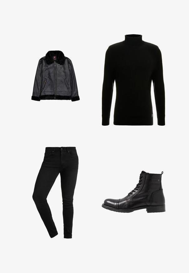 Schwarze Jacke aus Kunstleder mit schwarzem Kunstpelzkragen, -manschetten und -saum, Frontreißverschluss und zwei schrägen Taschen.; Schwarzer Rollkragenpullover mit langen Ärmeln, gerippter Textur, figurbetonter Silhouette und kleinem Markenschild unten links.; Schwarze Skinny-Jeans aus Denim mit klassischem Fünf-Taschen-Design, Knopfverschluss und minimalen Nähtsdetails.; Schwarze Leder-Stiefeletten mit runder Zehenpartie, geschnürtem Vorderteil, strukturierten Akzenten und einem niedrigen, klobigen Absatz.