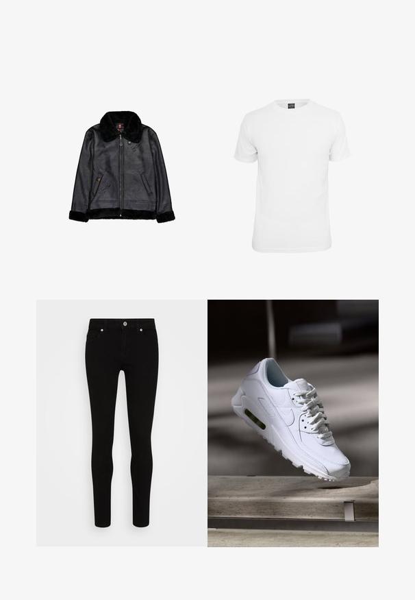 Sort jakke i imiteret læder med sort imiteret pelskrave, manchetter og kant, foran lynlås og to skrå lommer.; Hvid kortærmet t-shirt, lavet af bomuld, med en klassisk rund hals og en glat tekstur, designet til afslappet brug.; Sorte skinny jeans med en glat tekstur, fem lommer, frontlukning med knap og en slank silhuet. Minimalistisk stil uden synlige mønstre.; Hvide lædersneakers med teksturerede overflader, polstret krave og synlig luftpolstring i sålen. Har snørrebånd og et minimalistisk design.