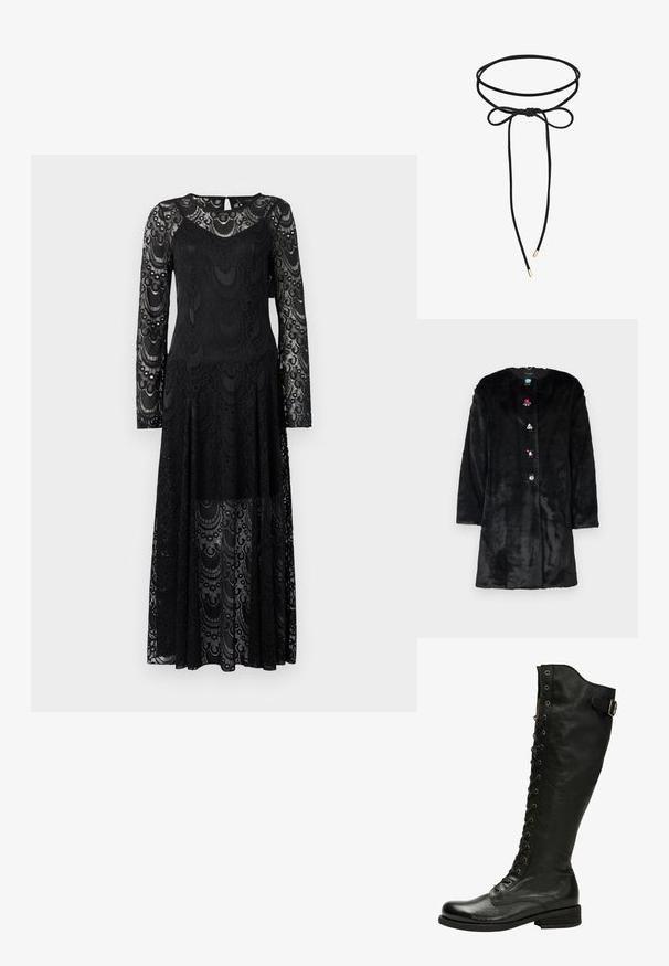 Must musta karvase tekstuuriga mantel, ringikujulise kaelusega, pikkade varrukatega ning värvikate kalliskivilaadsete nööpidega ees. Pehme tekstuur ja keskmise pikkusega disain.; Copenhagen Muse Maksikleit - black; Mustmust musta põlvekõrgune saabas, millel on nööpide ja hõbedaste silmadega esitõmbeosa ning külgmine pann. Omab tekstureeritud viimistlust ja kuhjaraamatut kontsa.; Must mustribael, mis on valmistatud õhukesest nöörist ja millel on paelaga sõlm ja kuldsed metallised otsad. Lihtne, reguleeritav disain.