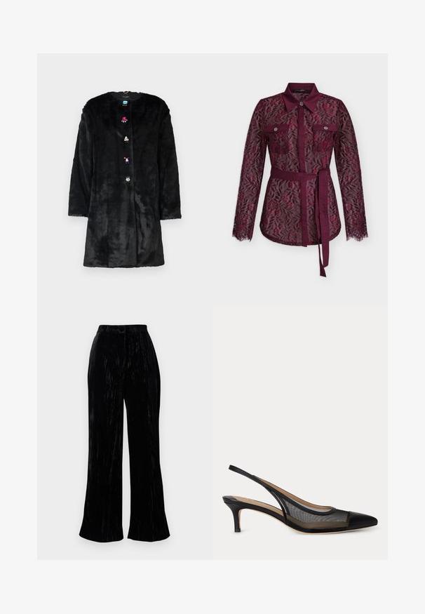 Sort faux pelsjakke med rund halsudskæring, lange ærmer og farverige ædelstenslignende knapper foran. Blød tekstur og mellemlang design.; Bourgogne bluse med lange ærmer i blonder med blomstermønster, spids krave, forlommer med knapdetalje og matchende stofbælte til taljen.; Sorte fløjls brede bukser med en blød tekstur, der har høj talje og subtile lodrette striber. Skræddersyet til en afslappet pasform.; Sort slingback kitten heel sko med spids tå og gennemsigtige mesh sider, beige indersål og tynd rem bagpå.