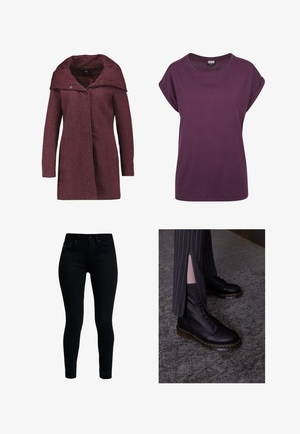 ONLY ONLSEDONA LIGHT COAT OTW NOOS - Manteau court - chocolate truffle/melange; T-shirt en coton violet, coupe ample, encolure ronde, manches courtes retroussées et ourlet droit. Design minimaliste sans motifs ni accents visibles.; Jeans skinny en denim noir avec une texture lisse, cinq poches et des accessoires en métal. Présente une taille classique et un design de jambe ajustée.; Bottes en cuir noir à lacets avec une finition texturée, une couture jaune et une semelle robuste et translucide. Associées à un pantalon rayé avec des zips.