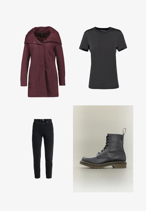 ONLY ONLSEDONA LIGHT COAT OTW NOOS - Manteau court - chocolate truffle/melange; T-shirt noir à manches courtes en tissu lisse. Présente un col rond sans motifs ni accents visibles, offrant un design simple.; Jean en denim noir taille haute avec bouton et fermeture éclair à l'avant, deux poches avant et jambe fuselée sur fond blanc.; Botte de combat en cuir noir avec 8 œillets, semelle en caoutchouc, couture jaune et une languette à l'arrière. Présente une tige texturée.