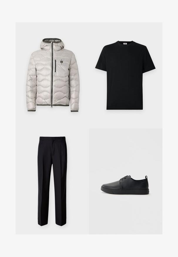 Veste rembourrée gris clair avec fermeture éclair, col haut et capuche. Présente un motif matelassé horizontal et une poche poitrine avec bouton-pression.; T-shirt noir uni à manches courtes et col rond, exposé à plat sur un fond blanc, avec une petite étiquette de marque à l'intérieur du col.; Pantalon noir ajusté à coupe droite, avec un devant plissé et des poches latérales. Confectionné dans un tissu lisse et léger à motif uni.; Baskets en cuir noir avec une finition lisse, bout arrondi, coutures ton sur ton, devant à lacets et semelle plate en caoutchouc. Anse au talon.