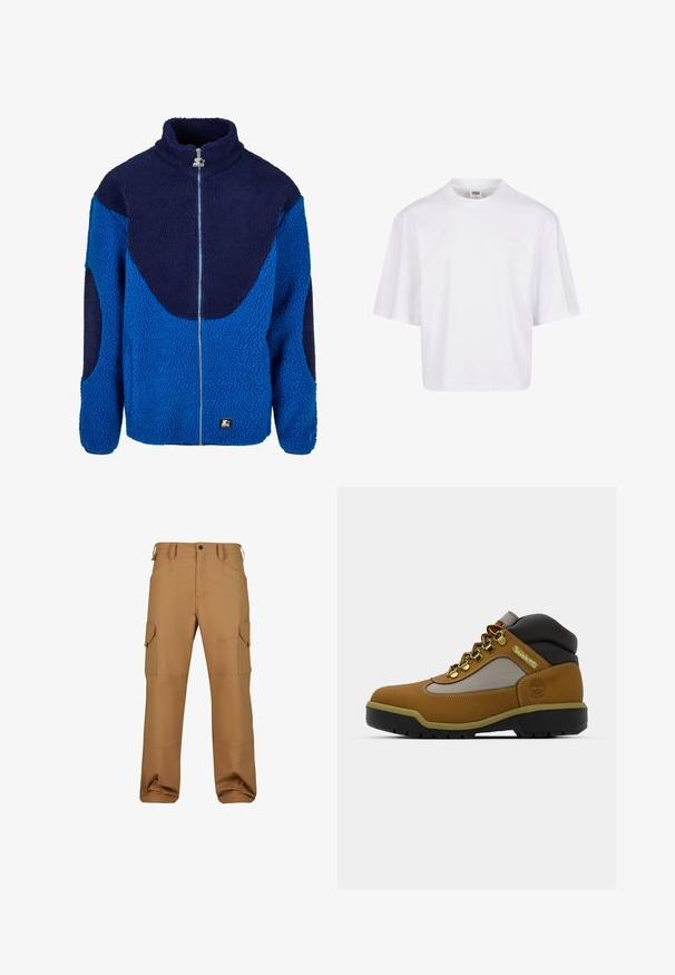 Chaqueta de forro polar azul y marino con un alto cuello, cremallera frontal completa y tejido texturizado. Presenta paneles grandes en contraste y un parche de marca.; Camiseta blanca de manga corta con cuello redondo y corte relajado, fabricada en una suave mezcla de algodón. Sin patrones ni adornos.; Pantalones cargo marrones fabricados con un tejido duradero, que cuentan con múltiples bolsillos, un corte relajado y detalles de costura reforzada.; Bota de senderismo marrón con acentos grises y negros, upper de cuero texturizado, ojales de metal y una suela de goma resistente para tracción.