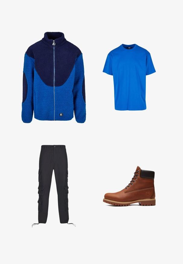 Chaqueta de forro polar azul y marino con un alto cuello, cremallera frontal completa y tejido texturizado. Presenta paneles grandes en contraste y un parche de marca.; Camiseta de algodón azul con cuello redondeado y mangas cortas. Presenta un corte relajado y una textura suave, adecuada para el uso casual.; Pantalones cargo negros de algodón, con múltiples bolsillos laterales, cordones elásticos en los puños y cierre de botón en la cintura.; Bota marrón de cuero con cordones, cuello acolchado negro, suela gruesa color beige y logo de árbol en relieve en el lateral del talón.