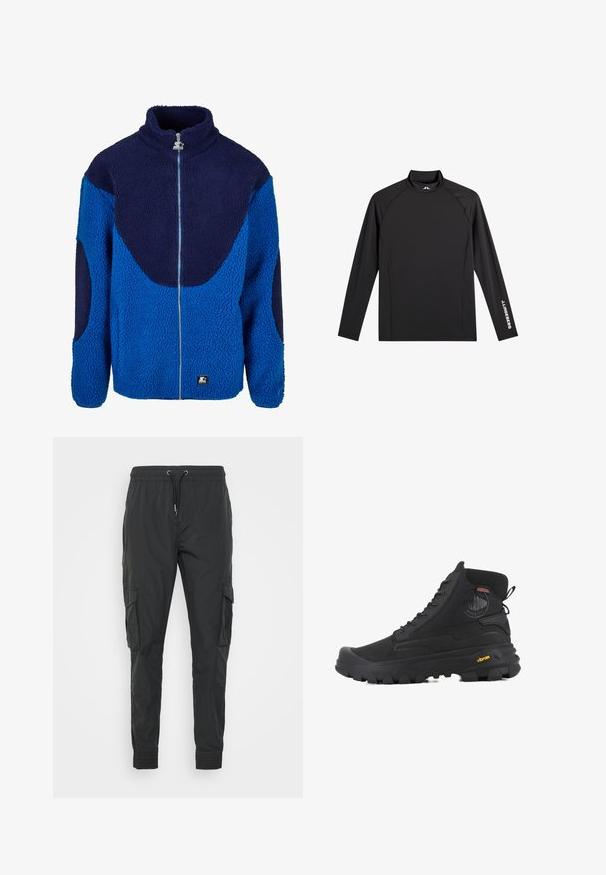 Veste en polaire bleue et marine avec un col haut, fermeture éclair sur toute la façade et un tissu texturé. Présente de grands panneaux contrastants et un écusson de marque.; Haut de sport noir à manches longues avec col montant, coupe ajustée, et logo blanc "J.Lindeberg" sur la manche gauche et le col.; Pantalons cargo noirs en tissu léger, dotés d'une taille à cordons de serrage ajustable, de poignets élastiques et de deux poches latérales.; Baskets montantes noires avec une surface texturée, dotées d'un design imperméable, d'un système de laçage et d'une semelle en caoutchouc proéminente avec la marque Vibram.